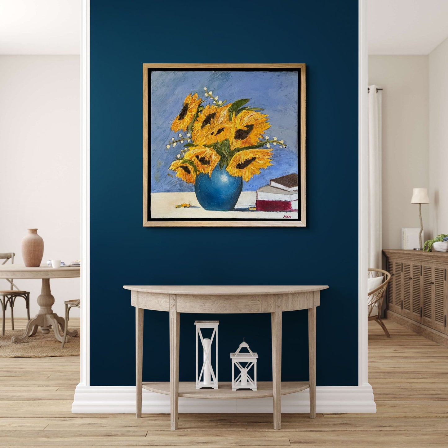Sunflowers & Books Oil Painting | Original Oil Painting | Beautiful light oak floating frame