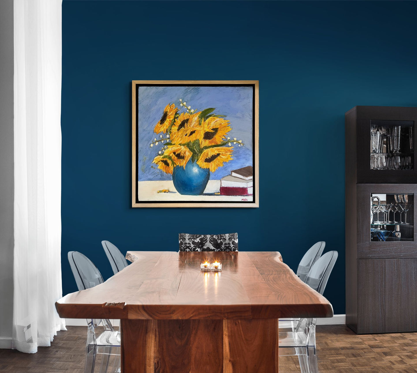 Sunflowers & Books Oil Painting | Original Oil Painting | Beautiful light oak floating frame