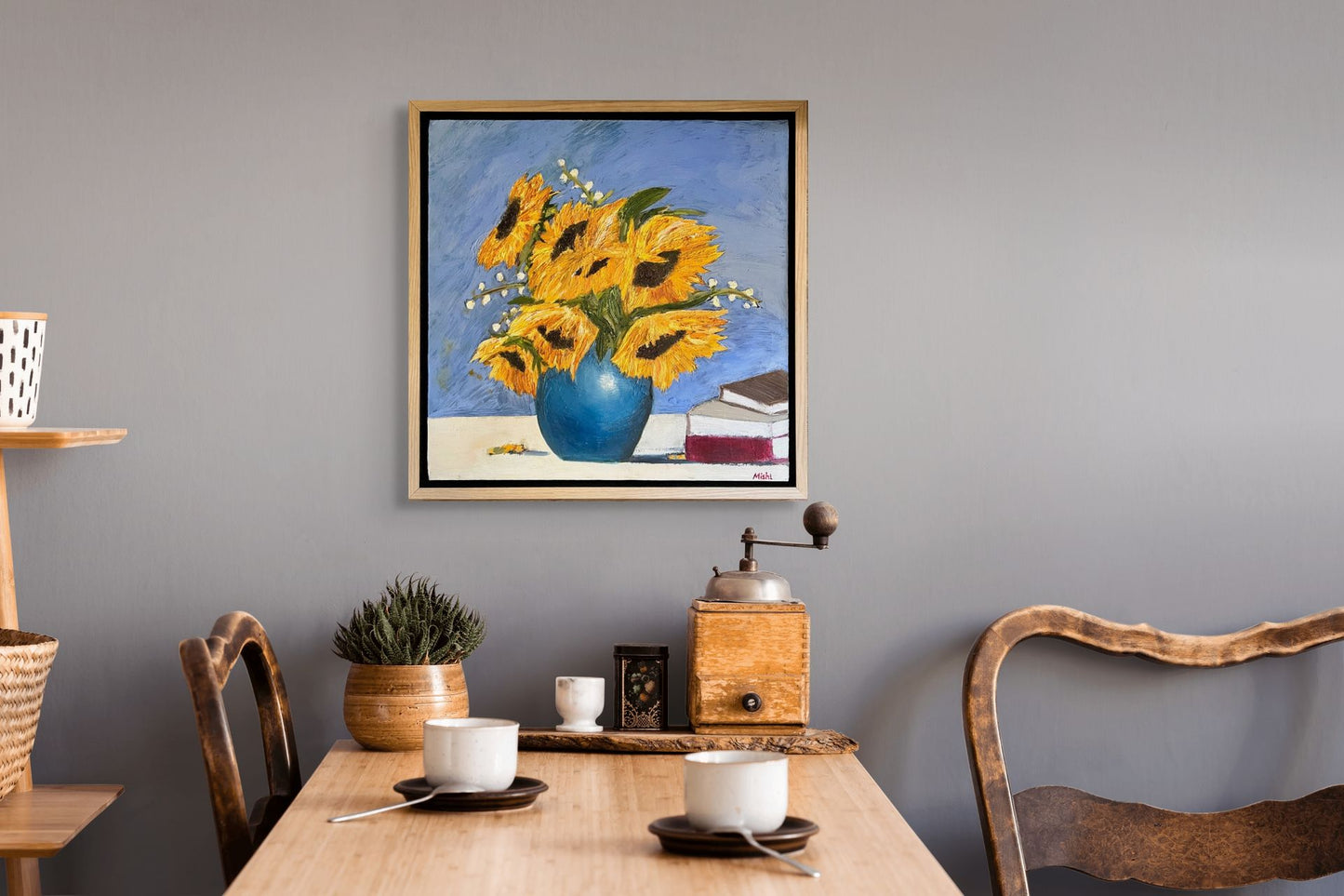 Sunflowers & Books Oil Painting | Original Oil Painting | Beautiful light oak floating frame