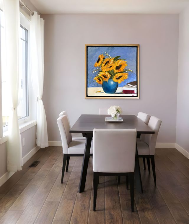 Sunflowers & Books Oil Painting | Original Oil Painting | Beautiful light oak floating frame