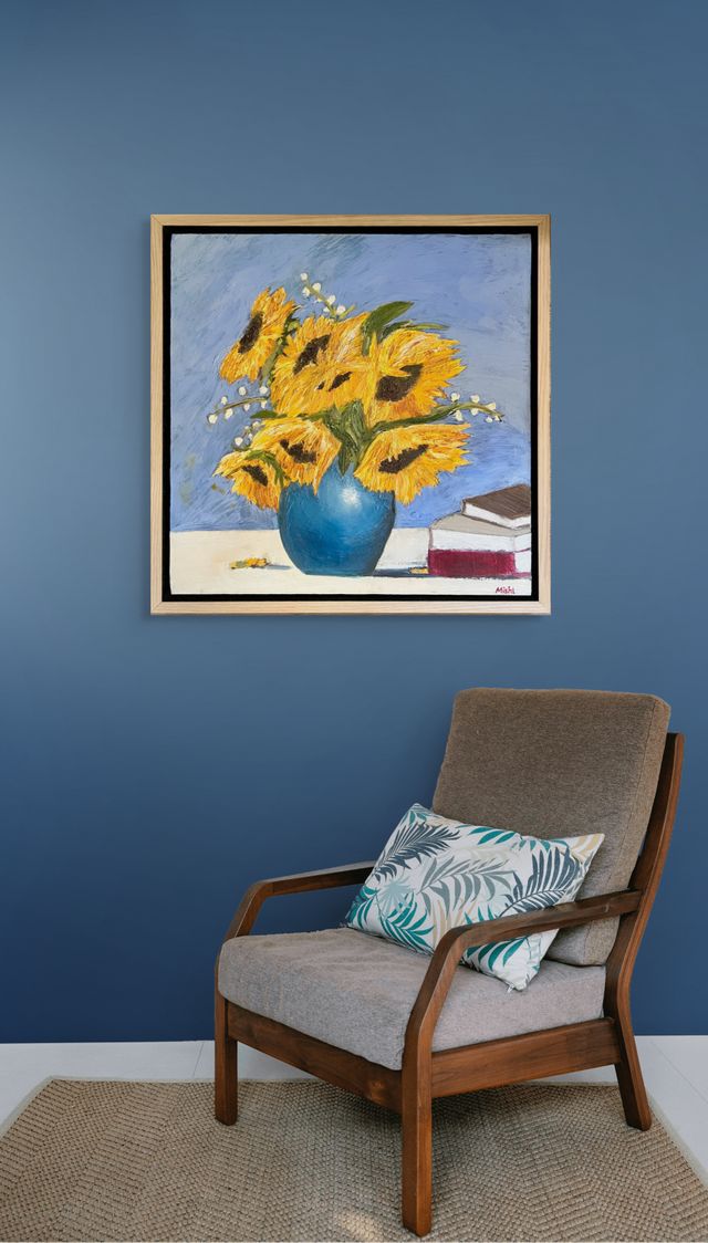 Sunflowers & Books Oil Painting | Original Oil Painting | Beautiful light oak floating frame