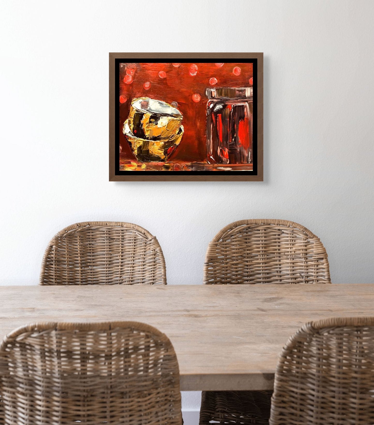 Golden Bowls & Shiny Red Jar | Oil on wood | Unframed