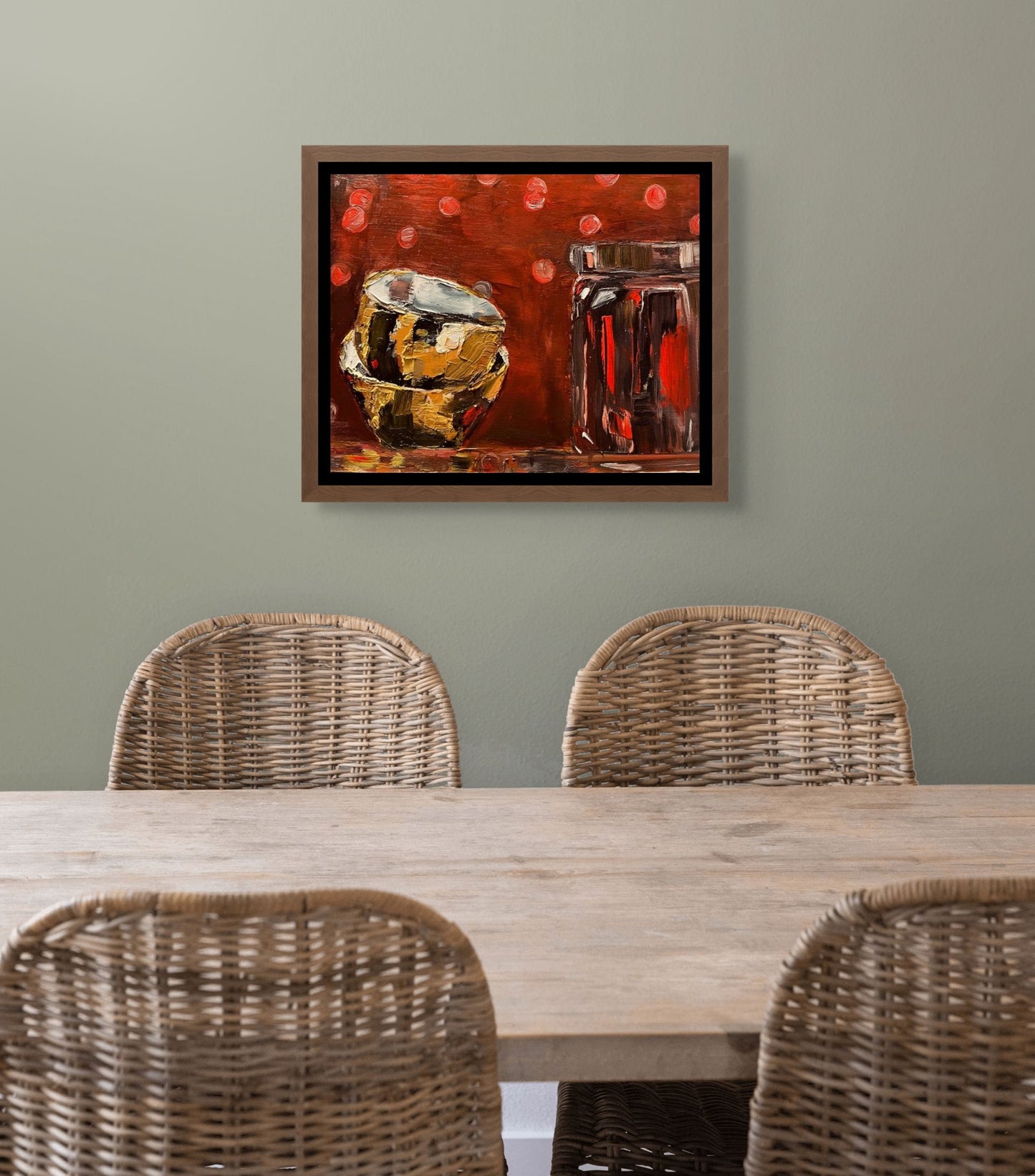 Golden Bowls & Shiny Red Jar | Oil on wood | Unframed