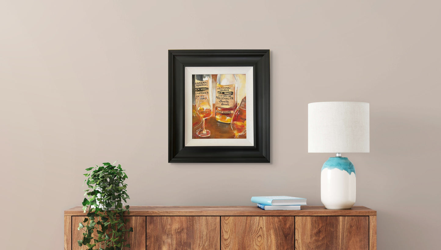 Armagnac Still Life Oil Painting: Amber Hues, Post-Impressionist Art (30x25 cm)