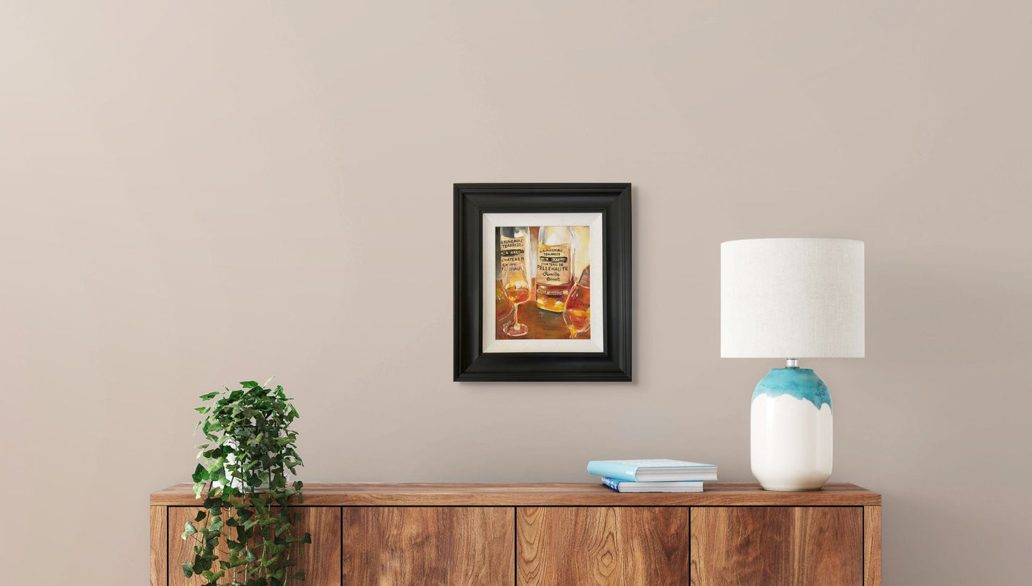 Armagnac Still Life Oil Painting: Amber Hues, Post-Impressionist Art (30x25 cm)